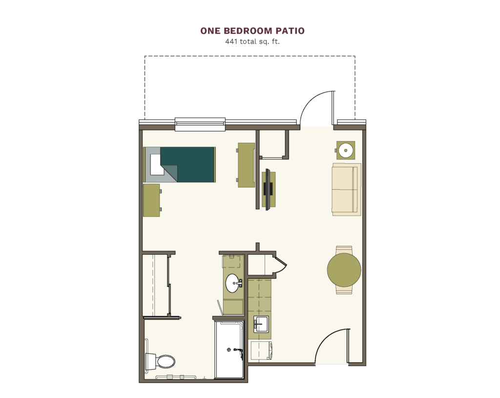 Assisted Living One Bedroom Patio floor plan image.