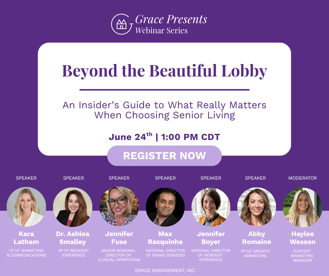 Promo banner for Grace Presents Webinar Series: 'Beyond the Beautiful Lobby' with date and a Register Now button; shows seven speaker headshots.