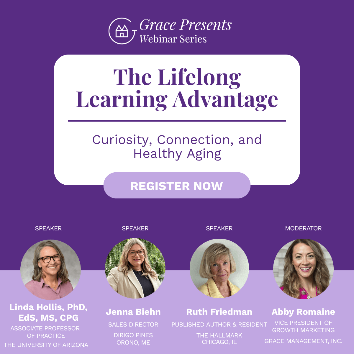 Promotional poster for Grace Presents Webinar Series: The Lifelong Learning Advantage, with speaker lineup and a Register Now button.
